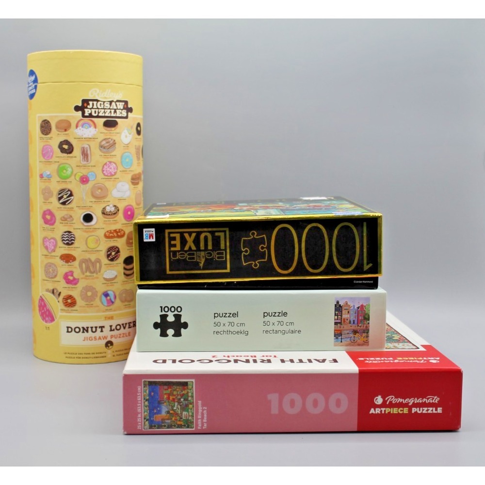 Lot of 4 1000 Piece Jigsaw Puzzles Art Donuts Bicycle Ridley Pomegranate